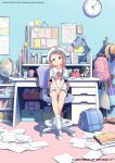  1girl absurdly_detailed_composition absurdres analog_clock aqua_eyes artist_name backpack bag blue_bag blush book book_stack bookshelf bow box braid braided_bangs brown_hair bulletin_board calendar_(object) chair character_name clock closed_mouth clothes_hanger commentary_request company_name computer copyright_name copyright_notice crossed_ankles desk desk_lamp electric_plug english_text full_body globe hat head_tilt highres indoors lamp loaded_interior long_hair looking_at_viewer messy_room monitor nakamori_kemuri neckerchief no_shoes office_chair on_chair open_book original own_hands_together paper pen pencil photo_(object) pink_bag pink_bow pink_neckerchief poster_(object) randoseru sailor_collar sailor_shirt school_bag school_uniform shadow shelf shirt short_sleeves shorts sidelocks sitting smile socks solo sticky_note stuffed_animal stuffed_toy swivel_chair unworn_bag wall_clock white_hat white_sailor_collar white_shirt white_shorts white_socks 