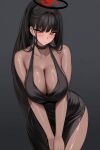  1girl absurdres ai-generated black_choker black_dress black_hair black_halo blue_archive breasts bright_pupils choker cleavage collarbone commentary_request dress eirsuc38044 hair_behind_ear halo highres large_breasts long_hair looking_at_viewer multicolored_halo open_mouth ponytail red_eyes red_halo ringed_eyes rio_(blue_archive) solo two-tone_halo very_long_hair white_pupils 