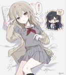  1il5il 2girls azusawa_kohane black_hair blue_hair blue_skirt blush brown_cardigan brown_eyes brown_hair cardigan commentary_request gradient_hair grey_serafuku grey_shirt grey_skirt hair_ornament heart highres kamiyama_high_school_uniform_(project_sekai) long_hair miyamasuzaka_girls'_academy_school_uniform multicolored_hair multiple_girls neckerchief orange_eyes parted_lips pillow pleated_skirt project_sekai red_neckerchief sailor_collar school_uniform serafuku shiraishi_an shirt skirt sparkle speech_bubble star_(symbol) star_hair_ornament translated white_sailor_collar white_shirt yuri 