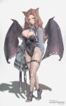  absurdres animal_ears bat_wings black_leotard black_socks blue_eyes breasts brown_hair cat_ears cleavage commission covered_navel curtained_hair demon_horns demon_wings full_body full_cleavage grey_shrug highleg highleg_leotard highres horns leotard original pantyhose parted_bangs see-through_clothes see-through_pantyhose shadow shrug_(clothing) socks strapless strapless_leotard thigh_strap tuka2k vgen_commission white_background wings 