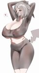  absurdres animal_ears arms_behind_head breasts cleavage commentary covered_nipples crop_top curvy dress droopy_ears fixed_owl grey_dress grey_eyes grey_hair heart highres huge_breasts large_areolae looking_at_viewer medium_hair navel open_mouth peakychu personification pikachu pikachu_ears pikachu_tail_(female) pokemon pokemon_pokopia pokemon_tail pubic_hair see-through_clothes simple_background solo spoken_heart tail taut_clothes taut_dress thick_thighs thighs untranslatable_commentary veil white_background 