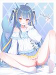  1girl absurdres ahoge ankle_socks argyle_background artist_name bare_legs bare_shoulders bed_sheet blonde_streaks blue_background blue_bow blue_bowtie blue_hair blue_horns blue_shirt blue_skirt blush border bottle bow bowtie brown_pupils cetacean_tail chinese_commentary cleft_of_venus commentary_request commission cone_horns corked_bottle cross-laced_clothes cross-laced_sleeves cross-laced_slit cross-laced_top curled_fingers dorsiflexion dot_nose fins fish_tail flat_chest frilled_shirt frills full_body hair_bow hair_ornament hand_to_own_mouth hand_up highres horns jewelry knee_up layered_shirt layered_skirt long_hair long_sleeves looking_at_viewer making-of_available microskirt multi-source_commentary multicolored_eyes multicolored_hair narwhal_girl necklace no_shoes off-shoulder_shirt off_shoulder ohako_miyu original outside_border panties pantyshot parted_lips peanut_mouth petticoat pussy raised_inner_eyebrows red_eyes ribbon shell shell_necklace shirt signature single_horn sitting skirt socks soles solo sparkle sparkling_eyes spread_legs star_(symbol) star_hair_ornament star_necklace streaked_hair tail tail_ornament tail_ribbon teardrop_necklace two-tone_eyes two-tone_hair two-tone_skirt two_side_up uncensored underwear variant_set very_long_hair whale_hair_ornament white_border white_shirt white_socks yellow_eyes yellow_skirt 