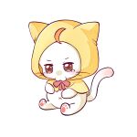  :3 ahoge animal animal_focus bow bowtie brown_eyes cat chinese_commentary cloak clothed_animal commentary_request ear_covers furrowed_brow hands_on_own_stomach highres hood hood_up hooded_cloak light_blush looking_ahead momo_(nikki) nikki_(series) no_humans pawpads pout red_bow red_bowtie sad shiyu25809 simple_background sitting solo teardrop tearing_up whiskers white_background white_cat x_navel yellow_cloak 