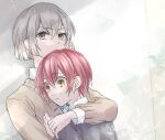  1boy 1girl androgynous black_jacket blush brown_cardigan cardigan closed_mouth collared_shirt commentary_request grey_eyes grey_hair hetero highres hug jack_jeanne jacket light_frown looking_at_viewer pink_hair school_uniform shirota_mitsuki shirt short_hair t0day8 tachibana_kisa upper_body white_shirt yellow_eyes 