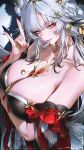  1girl animal_ear_fluff animal_ears arm_tattoo arm_under_breasts black_dress breasts chest_tattoo chromatic_aberration cleavage collarbone commentary dress fingernails fox_ears fox_girl fox_shadow_puppet fox_tail from_side hair_ornament highres hsin_(wuthering_waves) large_breasts long_fingernails long_hair looking_at_viewer looking_to_the_side mole mole_under_eye nail_polish orange_eyes re0n red_nails shadow smile solo tail tattoo upper_body white_hair wuthering_waves 