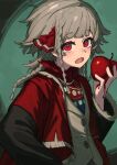  1girl :o apple black_coat braid cloak coat commentary_request fang food fruit green_background grey_hair highres holding holding_food holding_fruit jacket long_hair looking_at_viewer maimoku multiple_braids quad_braids red_cloak red_eyes red_scarf reverse:1999 rubuska scarf solo upper_body white_jacket 