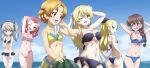  6+girls absurdres adjusting_clothes adjusting_swimsuit ass assam_(girls_und_panzer) bikini bikini_skirt black_bikini blonde_hair blue_bikini blue_eyes blush bow braid breasts brown_eyes brown_hair butt_crack cleavage commentary_request darjeeling_(girls_und_panzer) food frilled_bikini frills fruit girls_und_panzer groin hair_bow hair_down hair_ribbon hairband highres key_(gaigaigai123) large_breasts long_hair looking_at_viewer multiple_girls navel o-ring o-ring_top one_eye_closed open_mouth orange_hair orange_pekoe_(girls_und_panzer) outdoors pink_bikini pink_hair ponytail ribbon rosehip_(girls_und_panzer) rukuriri_(girls_und_panzer) shimada_arisu side-tie_bikini_bottom single_braid sky small_breasts smile strapless strapless_bikini sweat swimsuit thigh_gap thighs towel twintails untied_bikini_top wardrobe_malfunction watermelon wet yellow_bikini 