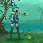  1boy angry animal aqua_(konosuba) blue_eyes blue_hair blue_skirt boots commentary detached_sleeves english_commentary frog genderswap genderswap_(ftm) hair_ornament highres julioneme kono_subarashii_sekai_ni_shukufuku_wo! long_hair male_focus open_mouth outdoors pointing ribbon self-upload skirt solo standing trap wetland 