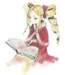  1girl aaanoa beatrice_(re:zero) blonde_hair blue_eyes book capelet closed_mouth commentary crown dress drill_hair fur-trimmed_capelet fur_trim hair_ribbon highres holding holding_book long_hair long_sleeves mini_crown neck_ribbon open_book pom_pom_(clothes) re:zero_kara_hajimeru_isekai_seikatsu reading red_dress ribbon short_eyebrows sidelocks simple_background solo symbol-shaped_pupils twin_drills white_background 