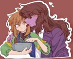  1girl 1other absurdres airiku_h androgynous apron blue_apron blush bowl brown_hair chocolate colored_skin commentary_request cooking deltarune furry furry_female hair_between_eyes highres holding holding_bowl jacket kris_(deltarune) licking licking_another's_cheek licking_another's_face long_hair long_sleeves looking_at_another medium_hair one_eye_closed purple_jacket purple_skin red_background red_eyes reptile_girl shirt simple_background striped_clothes striped_sweater striped_sweater_vest susie_(deltarune) sweater sweater_vest utdr_(toby_fox) white_shirt yellow_eyes 