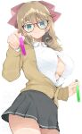  1girl aqua_eyes black_skirt bow breasts brown_cardigan brown_hair cardigan collared_shirt commentary_request curled_ends curly_hair glasses hair_bow haruka_(senran_kagura) highres holding holding_vial kinako_(mzknk0) large_breasts long_hair long_sleeves looking_at_viewer partially_unbuttoned pink_bow red-framed_eyewear senran_kagura shirt sideboob simple_background skirt smile solo vial white_background white_shirt 