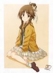  1girl blush border brown_background brown_eyes brown_shoes closed_mouth commentary eyelashes frilled_skirt frills grey_skirt hair_bun hair_ribbon highres idolmaster idolmaster_cinderella_girls jacket open_clothes open_jacket ribbon sekiya_kuzuyu shirt shoes short_hair_with_long_locks sidelocks signature simple_background single_hair_bun sitting skirt smile socks solo split_mouth takamori_aiko white_border white_socks yellow_jacket 