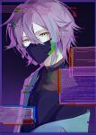  1boy aqua_streaks asymmetrical_hair black_choker black_mask black_shirt border choker commentary covered_mouth drop_shadow error_message glitch gradient_background gyakkou_no_lens_flare_(project_sekai) hair_between_eyes highres jacket kamishiro_rui looking_at_viewer looking_to_the_side male_focus mask mouth_mask multicolored_hair off_shoulder official_alternate_costume project_sekai purple_background purple_border purple_hair shirt short_hair solo streaked_hair untranslatable_commentary upper_body weic1217 yellow_eyes 
