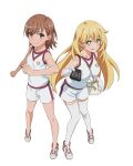  2girls :q artist_request bag blonde_hair breasts brown_eyes brown_hair chain chain_between_breasts closed_mouth coin collarbone commentary_request controller emblem flower_hairclip from_above full_body gloves gym_shirt gym_shorts gym_uniform hair_between_eyes hair_ornament hairclip handbag holding holding_coin holding_controller holding_remote_control large_breasts leaning_forward light_blush long_hair looking_at_viewer medium_hair merchandise_available misaka_mikoto multiple_girls official_alternate_costume official_art orange_shoes pointing pointing_at_viewer red_trim remote_control school_emblem second-party_source shirt shoes shokuhou_misaki shorts simple_background sleeveless sleeveless_shirt small_breasts smile sparkling_eyes spider_web_print standing star-shaped_pupils star_(symbol) symbol-shaped_pupils thighhighs toaru_kagaku_no_railgun toaru_kagaku_no_railgun_t toaru_majutsu_no_index tokiwadai_school_gym_uniform tongue tongue_out under-elbow_gloves very_long_hair white_background white_bag white_gloves white_shirt white_shoes white_shorts white_thighhighs yellow_eyes 