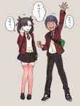  1boy 1girl :d alternate_costume arm_up bag black_hair black_pants black_shoes black_skirt clenched_hand collared_shirt commentary_request cosplay green_bag grey_background hair_ribbon hop_(pokemon) hopokm jacket lass_(pokemon) lass_(pokemon)_(cosplay) lass_(pokemon_swsh) long_sleeves marnie_(pokemon) medium_hair necktie open_clothes open_jacket open_mouth pants pink_thighhighs pleated_skirt pokemon pokemon_sword_and_shield red_jacket red_necktie red_ribbon ribbon school_uniform shirt shoes short_necktie shout_lines skirt smile speech_bubble teeth thighhighs translation_request 