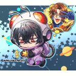  2boys beelzebub_(shuumatsu_no_valkyrie) black_hair bright_pupils chibi commentary_request hair_between_eyes highres holding holding_star letterboxed male_focus messy_hair mtkg_05 multiple_boys nikola_tesla_(shuumatsu_no_valkyrie) one_eye_closed open_mouth red_eyes shuumatsu_no_valkyrie spacesuit speech_bubble star_(symbol) tears thought_bubble twitter_username v v_over_eye white_pupils 