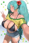  1girl :o ;o absurdres aqua_hair bikini bikini_under_clothes black_bikini blush bracelet brazilian_flag brazilian_flag_print brazilian_miku breasts carlx945380 clothes_lift commentary cowboy_shot curvy dark_skin flag_print flower foreshortening green_hair grey_shorts hair_flower hair_ornament half-closed_eyes hatsune_miku hibiscus highleg highleg_bikini highres huge_breasts jewelry long_hair micro_bikini navel off_shoulder one_eye_closed pink_nails puckered_lips reaching reaching_towards_viewer rectangular_earrings selfie shirt shirt_lift short_shorts short_sleeves shorts side-tie_bikini_bottom single_bare_shoulder solo star_(symbol) swimsuit t-shirt taking_picture thick_thighs thighs twintails v very_long_hair vocaloid yellow_shirt 