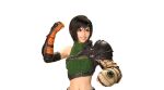  1girl 3d armor black_hair breasts brown_eyes chest_strap clenched_hand crop_top final_fantasy final_fantasy_vii final_fantasy_vii_remake final_fantasy_vii_revelation fingerless_gloves gloves green_shirt grey_shorts grin headband highres medium_breasts midriff navel official_art parted_lips pauldrons portrait ribbed_shirt shirt short_hair shorts shoulder_armor single_bare_shoulder single_pauldron sleeveless sleeveless_turtleneck smile solo teeth transparent_background turtleneck upper_body white_background yuffie_kisaragi 