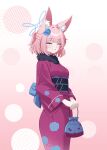  1girl absurdres animal_ear_fluff animal_ears blue_archive blue_halo blue_sash breasts cawl closed_eyes commentary cowboy_shot english_commentary fox_ears fox_girl hair_intakes hair_ornament half_updo halo highres holding japanese_clothes kimono medium_breasts niko_(blue_archive) obi pink_background pink_hair pink_kimono print_kimono sash smile solo 