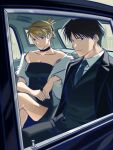  1boy 1girl alchemy_03 black_choker black_dress black_eyes black_hair black_jacket black_necktie black_pants black_suit blonde_hair breasts brown_eyes car_interior choker cleavage closed_mouth collared_shirt commentary_request crossed_legs dress earrings fullmetal_alchemist fur_scarf hair_between_eyes highres jacket jewelry korean_commentary large_breasts looking_at_viewer medium_hair necktie pants riza_hawkeye roy_mustang shirt short_hair side_slit sitting stud_earrings suit suit_jacket updo vest waistcoat white_shirt 