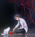  1boy black_hair black_pants black_shoes bound cat han_jumin looking_down male_focus necktie pants shoes short_hair squatting staring string_around_finger susanghan_messenger taba-fumi tied_up_(nonsexual) white_cat yarn yarn_ball 