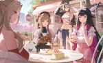  4boys 4girls alternate_costume arlecchino_(genshin_impact) ascot bare_shoulders belt black_ascot black_eyes black_gloves black_hair black_jacket black_skirt black_streaks blue_eyes blue_pants bow breasts brown_hair cake capitano_(genshin_impact) closed_eyes columbina_(genshin_impact) commentary dottore_(genshin_impact) english_commentary eyewear_on_head food genshin_impact gloves hair_bow head_wings high-waist_skirt highres holding holding_teapot jacket long_hair long_sidelocks long_sleeves midriff multicolored_hair multiple_boys multiple_girls navel off-shoulder_shirt off_shoulder pantalone_(genshin_impact) pants parfait pink_skirt pleated_skirt purple_hair purple_streaks red_nails red_pupils sandrone_(genshin_impact) shirt short_hair sidelocks signora_(genshin_impact) skirt smile streaked_hair sunglasses symbol-shaped_pupils tank_top tartaglia_(genshin_impact) tea_party teapot tiered_tray two-tone_hair very_long_hair white_hair white_shirt white_tank_top wings x-shaped_pupils xiisalt 