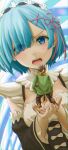  1boy 1girl absurdres angry black_hair black_pants blue_eyes blue_hair boots breasts brown_boots cleavage commentary detached_sleeves giant giantess green_jacket hair_ribbon highres jacket juliet_sleeves large_breasts long_sleeves maid_headdress miskal3262 natsuki_subaru open_mouth pants pink_ribbon puffy_sleeves re:zero_kara_hajimeru_isekai_seikatsu rem_(re:zero) ribbon roswaal_mansion_maid_uniform scarf short_hair teeth wide_sleeves yellow_scarf 