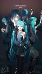  5girls absurdres aqua_hair aqua_nails aqua_necktie aqua_trim arm_tattoo arm_up bare_shoulders black_skirt blush boots breasts collarbone collared_shirt commentary detached_sleeves english_commentary grey_shirt hair_between_eyes hair_ornament hand_on_own_chest hatsune_miku hatsune_miku_(nt) hatsune_miku_(vocaloid3) hatsune_miku_(vocaloid4) hatsune_miku_(vocaloid6) headset heart high_heel_boots high_heels highres light_blush long_hair long_sleeves looking_at_another looking_at_viewer medium_breasts multiple_girls multiple_persona musical_note necktie number_tattoo nun_nu open_mouth piapro_studio pink_background shirt skirt sleeveless sleeveless_shirt smile tattoo twintails v4x very_long_hair vocaloid white_shirt wide_sleeves 