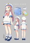  1girl absurdres aqua_eyes arms_at_sides backpack bag bag_charm blue_bag blush bobby_socks braid braided_bangs brown_hair cellphone character_name charm_(object) closed_mouth commentary_request crime_prevention_buzzer expressionless forehead frilled_socks frills from_behind full_body grey_background hat highres long_hair mary_janes multiple_views nakamori_kemuri neckerchief original phone pink_neckerchief randoseru reference_sheet sailor_collar sailor_hat sailor_shirt school_uniform serafuku shirt shoes short_shorts short_sleeves shorts sidelocks signature simple_background smartphone socks standing turnaround very_long_hair white_hat white_sailor_collar white_shirt white_shorts white_socks 