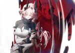  arknights blood breasts cleavage_cutout closed_eyes closed_mouth clothing_cutout colored_skin commentary_request demon_girl demon_horns horns hyaku_yoi jewelry long_hair material_growth multiple_rings originium_(arknights) oripathy_lesion_(arknights) partial_commentary pink_hair reflection ring ring_on_every_finger sad_smile theresa_(arknights) theresis_(arknights) very_long_hair white_background white_skin 