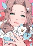  1girl aerith_gainsborough aruhino blue_flower brown_hair commentary_request drill_hair drill_sidelocks falling_petals final_fantasy final_fantasy_vii final_fantasy_vii_remake flower green_eyes hair_ribbon jacket long_hair looking_at_viewer open_mouth parted_bangs petals pink_background pink_ribbon red_jacket ribbon sidelocks solo straight-on upper_body white_flower 