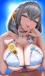  1girl :p absurdres bikini blue_choker blue_sky bracelet braid breasts choker cleavage commentary day double-parted_bangs english_commentary flower frilled_bikini frills front-tie_bikini_top front-tie_top green_eyes grey_hair hair_between_eyes hair_flower hair_ornament hands_up highres hololive hololive_dreams jewelry large_breasts looking_at_viewer medium_hair mole mole_on_breast official_alternate_costume outdoors paid_reward_available pendant_choker plaid_bikini plaid_clothes shirogane_noel shirogane_noel_(serene_wave_knight) side_braid sky solo sunflower sunflower_hair_ornament swimsuit tongue tongue_out upper_body virtual_youtuber wavy_hair white_bikini yahnuko 