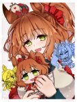  3girls animal_ears aston_machan_(flare)_(umamusume) aston_machan_(umamusume) black_bow black_bowtie blush bow bowtie brown_hair commentary_request crown daiwa_scarlet_(peak_blue)_(umamusume) daiwa_scarlet_(umamusume) doll green_eyes hair_ornament hide_oo highres holding holding_doll horse_ears horse_girl horse_tail long_sleeves looking_at_viewer mini_crown multiple_girls open_mouth red_nails red_sash red_scrunchie red_sleeves sash scrunchie shirt shoulder_sash skirt smile tail tilted_headwear umamusume vodka_(umamusume) vodka_(wild_top_gear)_(umamusume) 