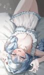  1girl :d absurdres arahashi_tabi blue_eyes blue_hair blush braid braided_twintails breasts byeop_(qudrhkswww) claw_pose cleavage commentary cowboy_shot double-parted_bangs english_commentary fang foreshortening frilled_nightgown hands_up highres large_breasts long_hair looking_at_viewer low_neckline lying mask mask_on_head multicolored_hair nightgown on_back on_bed open_mouth skin_fang sleep_mask smile solo stellive streaked_hair virtual_youtuber white_nightgown white_streaks 