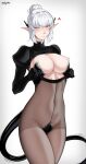  1girl anger_vein artist_name black_shrug blue_eyes breasts cleavage closed_mouth commentary english_commentary forte_(zealyush) high-waist_pantyhose highres large_breasts looking_to_the_side original pantyhose shrug_(clothing) solo tail unitard very_long_tail white_background white_hair zealyush 