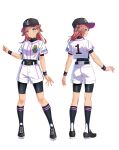  1girl aqua_eyes aqua_ribbon artist_request baseball_cap baseball_uniform belt bike_shorts bike_shorts_under_shorts black_belt black_hat black_shoes black_socks closed_mouth commentary_request double_bun hair_bun hair_ribbon hat kneehighs long_hair looking_back minamishima_baseball_uniform multiple_views official_art print_shirt profile red_hair reference_sheet ribbon shirt shirt_under_shirt shoes short_sleeves shorts simple_background smile socks sportswear tamanchu! tamashiro_aria two_side_up white_background white_shorts wristband 