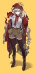  1girl :/ adjusting_clothes adjusting_headwear animal_on_shoulder arm_at_side artist_name bag belt belt_buckle belt_pouch black_ribbon black_thighhighs blush boots breasts brown_bag brown_belt brown_boots brown_shorts buckle closed_mouth coat commentary creature_on_head cross dragon dragon_on_head dragon_on_shoulder duffel_coat eyelashes fang fang_out food food_in_mouth full_body grey_hair hair_between_eyes hair_ribbon hand_up hat highres ice_cream_bar jun_(navigavi) knee_boots large_breasts long_coat long_hair long_sleeves looking_at_viewer low_twintails nose open_clothes open_coat original popsicle popsicle_in_mouth pouch red_coat red_hat red_scarf ribbed_sweater ribbon santa_hat scarf scroll shadow shorts signature simple_background sleeves_past_fingers sleeves_past_wrists small_dragon solo standing sweater sweater_tucked_in thighhighs turtleneck turtleneck_sweater twintails very_long_hair vial western_dragon white_sweater yellow_background yellow_belt yellow_eyes 