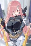  1girl belt black_gloves black_leotard breasts cleavage commentary_request cowboy_shot earrings fang girls'_frontline gloves gudakoguda hair_ornament hair_over_one_eye hairclip jewelry large_breasts leg_armor leotard magazine_(weapon) mecha_pilot_suit mole mole_under_eye official_alternate_costume pink_hair red_eyes rocket_launcher sig_mcx_(girls'_frontline) sig_mcx_(trans-dimensional_sentinel)_(girls'_frontline) single_earring suit utility_belt weapon 