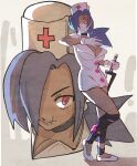  1girl absurdres blue_hair breasts cleavage closed_mouth commentary dress full_body gloves hair_over_one_eye hat highres holding holding_weapon large_breasts long_hair looking_at_viewer mask mouth_mask multiple_views nurse nurse_cap ponytail pulodo_0017 red_eyes scar scar_on_face scar_on_mouth skullgirls solo valentine_(skullgirls) weapon white_dress white_gloves 