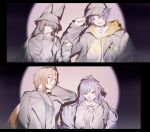  2boys 2girls animal_ears asaba_harumasa baseball_cap black_hair black_hat black_jacket black_shirt black_vest blonde_hair blunt_bangs commentary drill_hair drill_sidelocks fox_ears fox_girl green_eyes hairband hat highres hood hooded_jacket hoshimi_miyabi hugo_vlad jacket khuesamoni long_hair looking_at_viewer multiple_boys multiple_girls necktie pointy_ears purple_hairband purple_necktie red_eyes shirt sidelocks smile untranslatable_commentary upper_body vest vivian_banshee zenless_zone_zero 