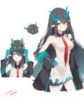  1girl absurdres aqua_streaks arknights artist_name beads black_coat black_hair breasts cleavage_cutout clothing_cutout coat collared_dress colored_extremities commentary_request contrast_collar creature creature_on_head dated dragon_bean_(arknights) dress dusk_(arknights) earrings hair_over_one_eye hand_on_own_hip highres jewelry long_hair multicolored_hair multiple_views necktie off_shoulder partial_commentary pointy_ears red_eyes red_necktie redoneko short_dress simple_background sleeveless sleeveless_dress streaked_hair white_background white_dress 