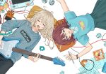  2girls beer_can blue_eyes blue_shirt brown_hair cable can cd commentary computer drink_can effects_pedal electric_guitar fender_jazzmaster girls_band_cry green_skirt grey_hair grey_sweater guitar hair_down headphones highres holding holding_pen instrument iseri_nina kawaragi_momoka laptop long_hair lying medium_hair multicolored_hair multiple_girls on_back open_mouth paper pen pillow plectrum roots_(hair) scrunchie shirt short_sleeves skirt sticker sweater three-quarter_sleeves tinkie untranslatable_commentary unworn_scrunchie 