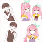  1boy 1girl antenna_hair aubrey_(faraway)_(omori) aubrey_(omori) black_hair black_sweater_vest blue_eyes blue_hairband closed_eyes closed_mouth collared_shirt commentary_request double-parted_bangs drakeposting_(meme) hair_between_eyes hairband highres jacket looking_at_viewer meme omori open_clothes open_jacket pink_hair satsuki_1243 shirt short_sleeves smile sunny_(omori) sweater_vest white_jacket white_shirt 