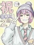  1girl amate_yuzuriha aqua_eyes beanie commentary_request conch_(gundam) diagonal-striped_clothes diagonal-striped_necktie earrings grey_sweater gundam gundam_gquuuuuux haro hat hatching_(texture) highres jewelry light_blush necktie non-humanoid_robot pink_hair purple_hair robot short_hair sleeves_past_wrists smile solo striped_clothes striped_necktie stud_earrings sweater tanukichi_mingo translation_request upper_body v 
