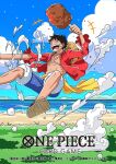  1boy ^_^ black_hair closed_eyes cloud commentary_request copyright_name food hat holding holding_food male_focus meat monkey_d._luffy official_art one_piece one_piece_card_game open_clothes open_shirt outdoors red_shirt sakiko_(oxab_b) sandals sash scar scar_on_chest scar_on_face shirt short_hair smoke solo straw_hat yellow_sash 