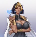  1girl arm_under_breasts black_hair blonde_hair breasts cleavage_cutout clothing_cutout commentary dark-skinned_female dark_skin diel2026 domina_(overwatch) earrings english_commentary finger_heart gold_bracer gradient_background grin heart heart_earrings highres jewelry large_breasts mole mole_on_breast multicolored_hair nail_polish overwatch ring simple_background skin_tight smile upper_body yellow_eyes 
