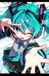  +_+ 1girl 39 :d ;d absurdres aqua_eyes aqua_hair aqua_necktie aqua_trim armpit_crease black_skirt black_sleeves breasts chromatic_aberration collared_shirt commentary confetti detached_sleeves double-parted_bangs frilled_shirt_collar frills from_above grey_shirt hatsune_miku headset highres letterboxed light_blush long_hair looking_at_viewer medium_breasts miku_day miku_miku_ni_shite_ageru_(vocaloid) musical_note necktie number_tattoo one_eye_closed open_mouth pleated_skirt reaching reaching_towards_viewer shigure_(rinky_creater) shirt shoulder_tattoo skirt sleeveless sleeveless_shirt smile solo sparkle symbol-shaped_pupils tattoo twintails v-shaped_eyebrows vocaloid w w_over_eye 