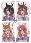  4girls agnes_tachyon_(umamusume) ahoge alternate_hair_length_(longer) alternate_hair_length_(shorter) animal_ears blush bow bowtie brown_eyes brown_hair commentary_request crossed_bangs dantsu_flame_(umamusume) ear_covers ear_ornament ear_tag earrings hair_between_eyes hair_bow hair_ornament hairclip highres holding_own_hair horse_ears horse_girl jewelry jungle_pocket_(umamusume) long_bangs long_hair_between_eyes manhattan_cafe_(umamusume) medium_hair multiple_girls odag_18 open_mouth pink_bow purple_sailor_collar purple_shirt red_eyes sailor_collar school_uniform shirt short_hair single_earring speech_bubble squiggle sweatdrop teeth tracen_school_uniform translation_request umamusume upper_teeth_only watermark white_bow white_bowtie wolf_cut yellow_eyes 