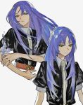  1girl black_shirt blue_hair collared_shirt commentary cropped_torso floating_hair floating_water_bubble hand_on_own_arm highres kikipi777 light_frown lisa_(sayonara_lara) long_hair looking_at_viewer multiple_views puffy_short_sleeves puffy_sleeves sayonara_lara shirt short_sleeves untranslatable_commentary upper_body yellow_eyes 