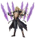  1boy abs ahoge belt black_gloves black_pants blonde_hair boots bracelet closed_mouth elbow_gloves floating floating_hair floating_object floating_weapon full_body game_asset gloves hair_between_eyes highres inoino jewelry kouyoku_senki_exs-tia large_variant_set long_hair looking_at_viewer male_focus muscular muscular_male naiolo_(exs-tia) navel non-web_source official_art open_hands pants pectorals purple_eyes self-datamine short_sleeves shrug_(clothing) simple_background skin_tight smile solo standing tachi-e toned toned_male transparent_background variant_set waist_cape 